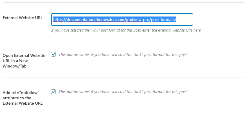Link Post Format Settings