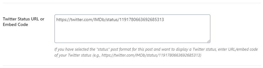 Twitter Status URL or Embed Code Setting